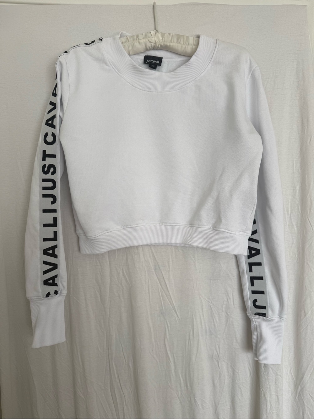 Just Cavalli White Cropped Sweatshirt with Black Logo Stripe
